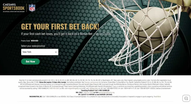 Caesars Sportsbook promo image with state selector