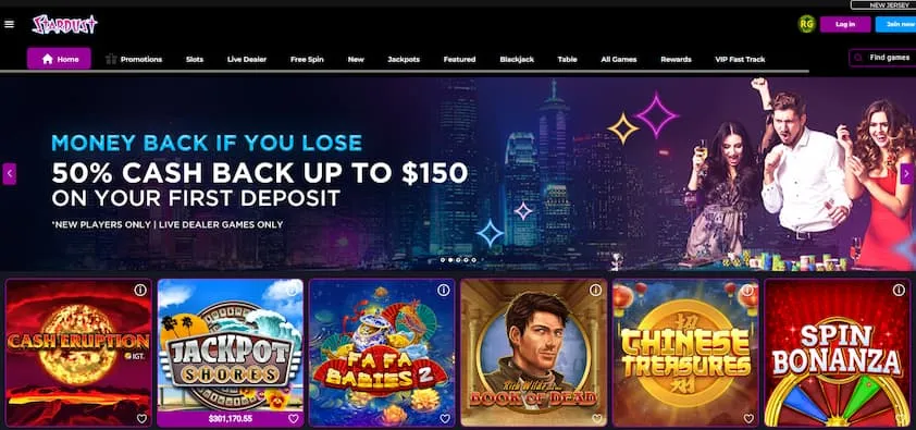 Stardust Casino NJ homepage with cashback bonus and prominent slot games like Cash Eruption and Book of Dead