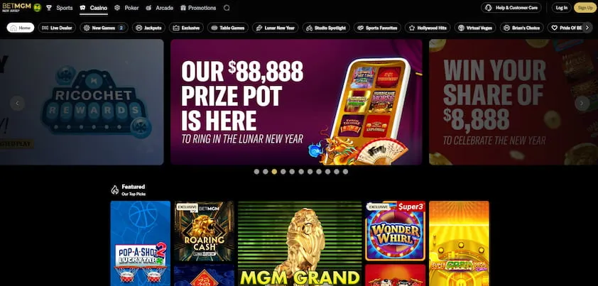 BetMGM CasinoNJ homepage with Prize Pot banner and feature games