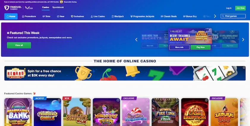 FanDuel Casino homepage with feature games and promo offers