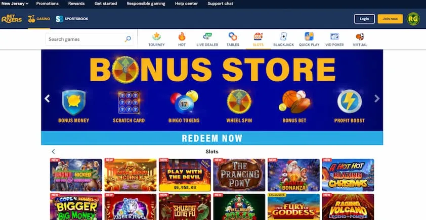 BetRivers Casino homepage with banner showing bonus store with big redeem now button, followed by feature slots