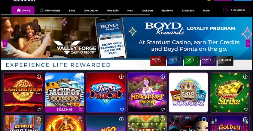 Stardust Casino homepage showcasing promotions, Boyd Rewards loyalty program, and a selection of popular slot games like Cash Eruption and Jackpot Shores.