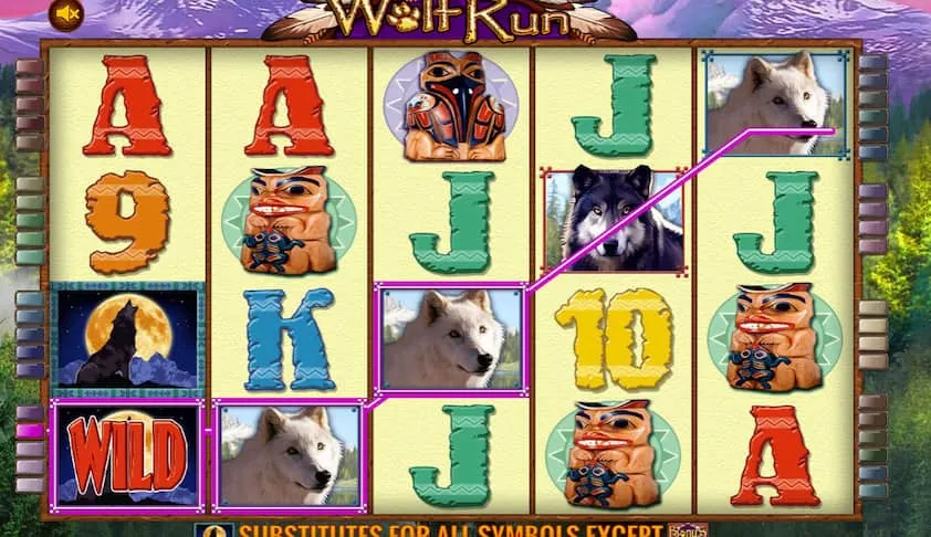 Gulungan slot Wolf Run dengan simbol serigala yang berbeda, simbol liar, dan bonus hadir