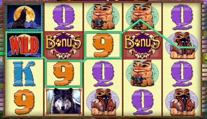 Wolf Run Slot reel with native American themed symbols combined with wolf and regular slot symbols