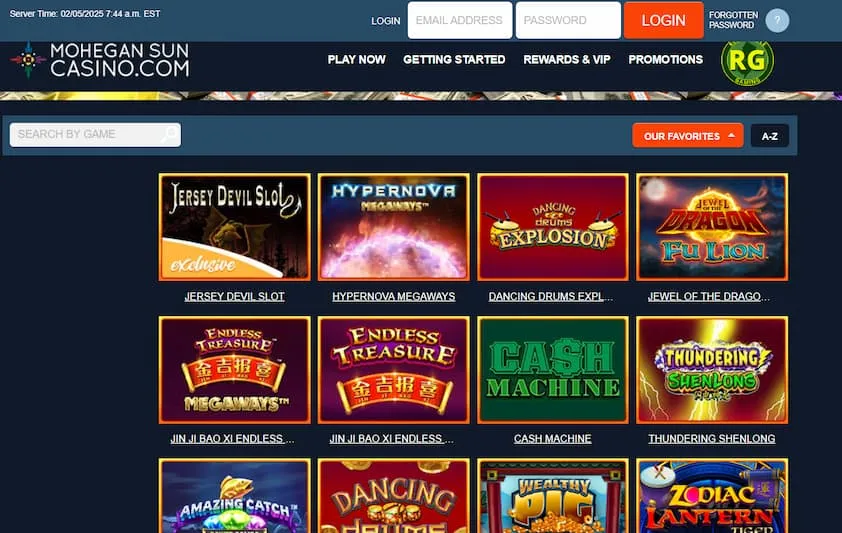 Mohegan Sun homepage with slots