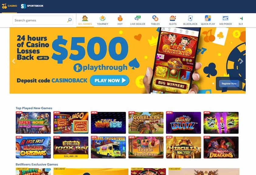 BetRivers Casino WV homepage with promo offer